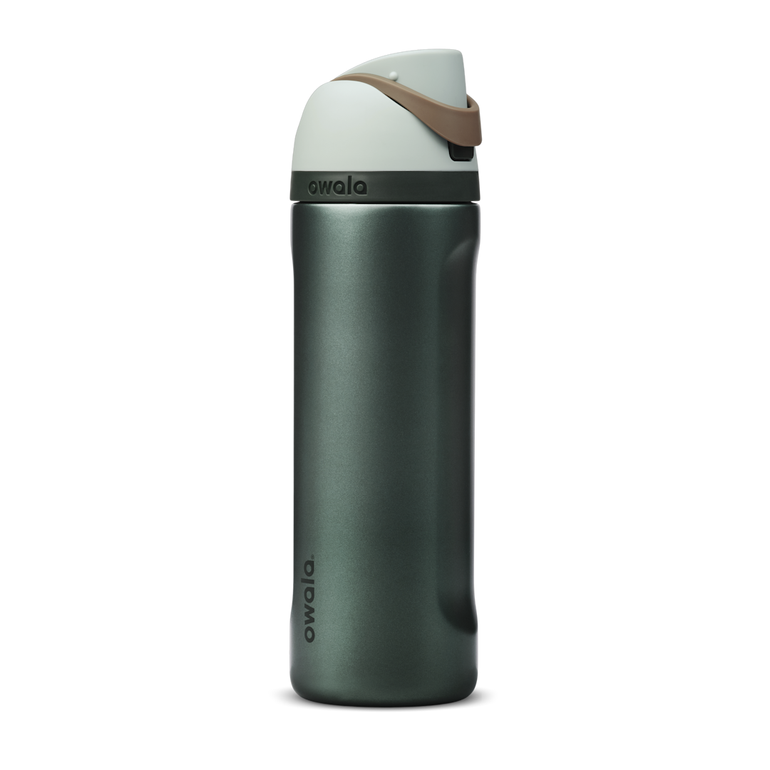 FreeSip 24oz Wintergreen; deep forest green body with soft mint-sage flip cap and tan leather carry loop