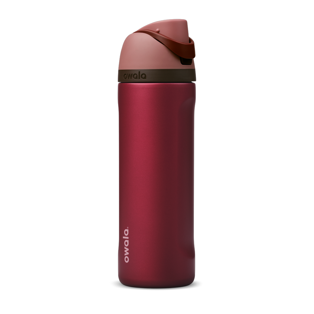 FreeSip 24oz Poinsettia; deep crimson red body with dusty rose flip cap, dark burgundy carry loop, and dark burgundy accent band on the lid