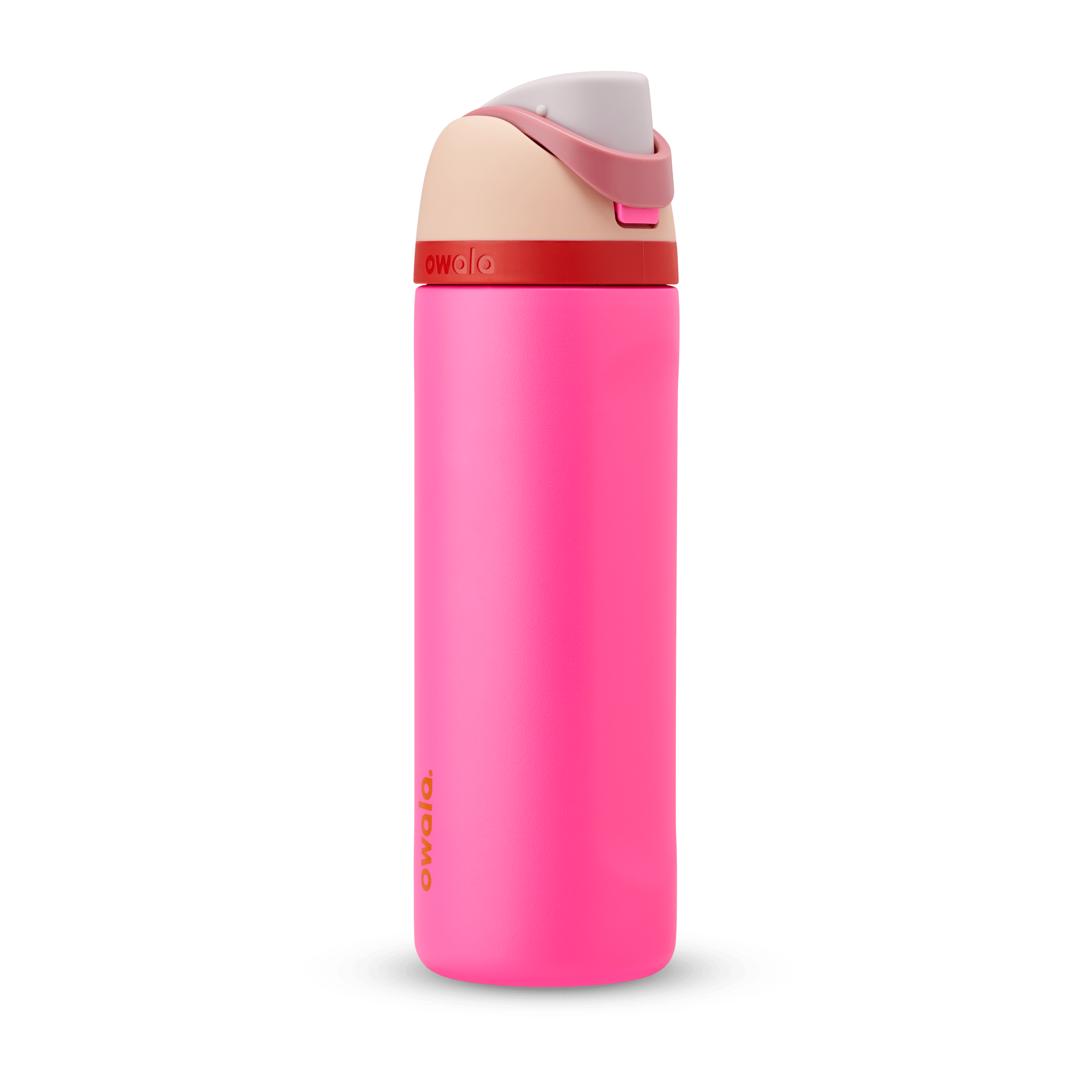 FreeSip 24oz in Can You See Me?, hot pink body with red accent band, peach flip cap, dusty rose carry loop, lavender lid, and orange logo