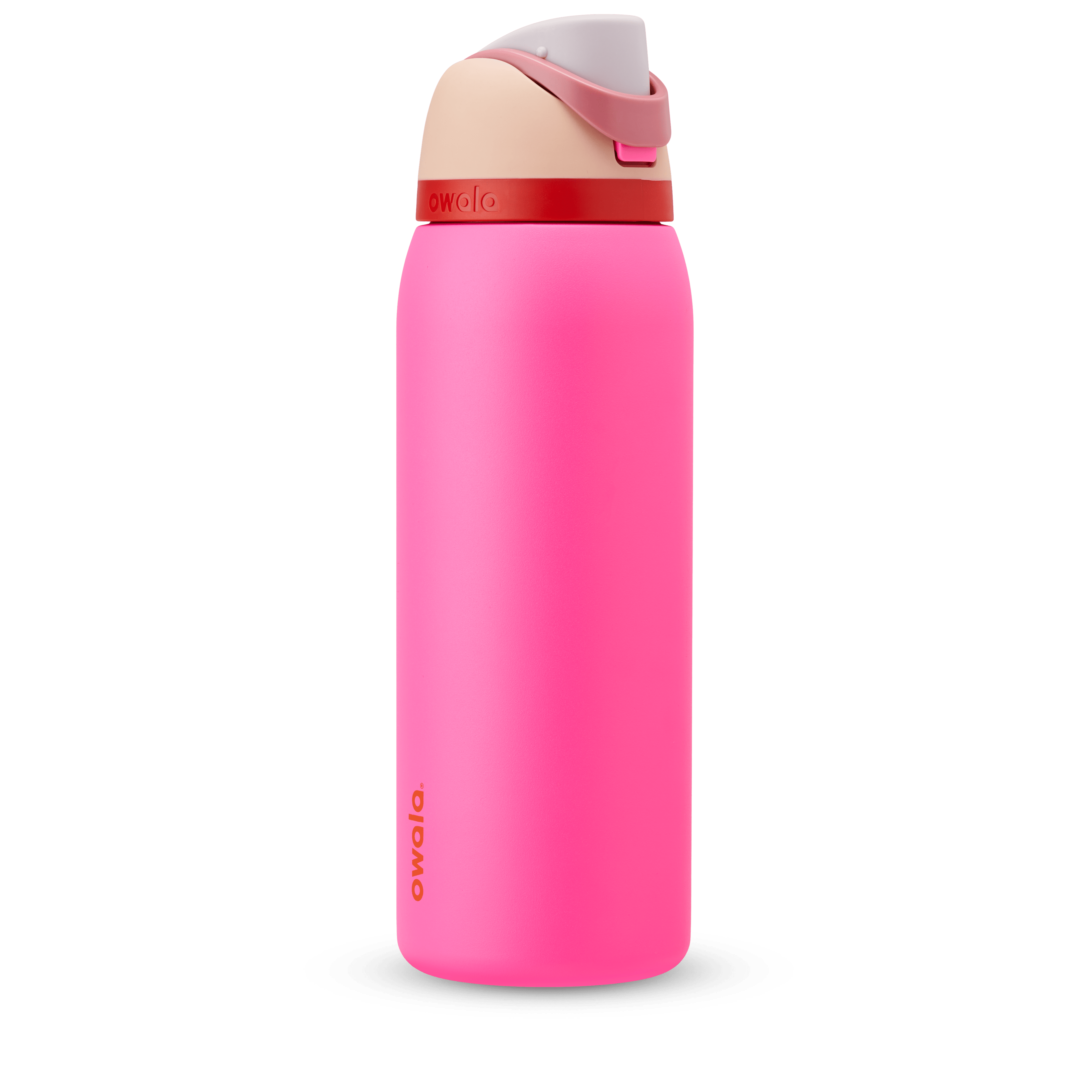 FreeSip 40oz in Can You See Me?, hot pink body with red accent band, peach flip cap, dusty rose carry loop, lavender lid, and orange logo