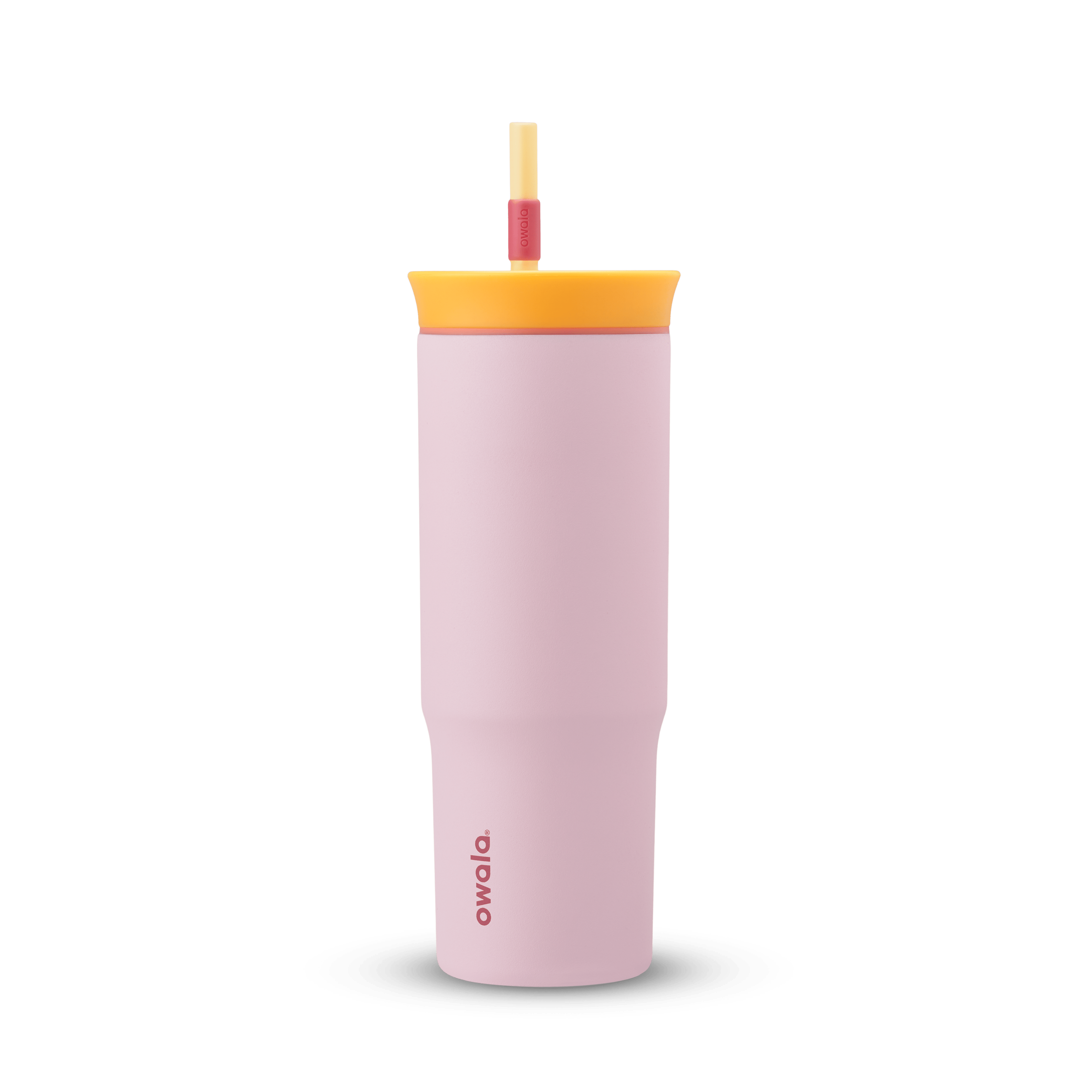 24oz Tumbler in Candy Store; matte light pink insulated tumbler with golden yellow lid, coral-red accent ring, and yellow straw with red grip, Owala wordmark on front