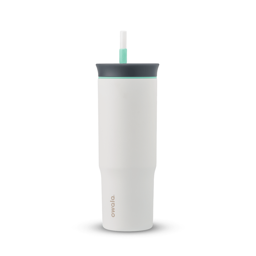 24oz Tumbler in Cloudscape; matte off-white insulated tumbler with dark slate-gray lid, mint green accent ring, and white straw with mint green grip, Owala wordmark on front