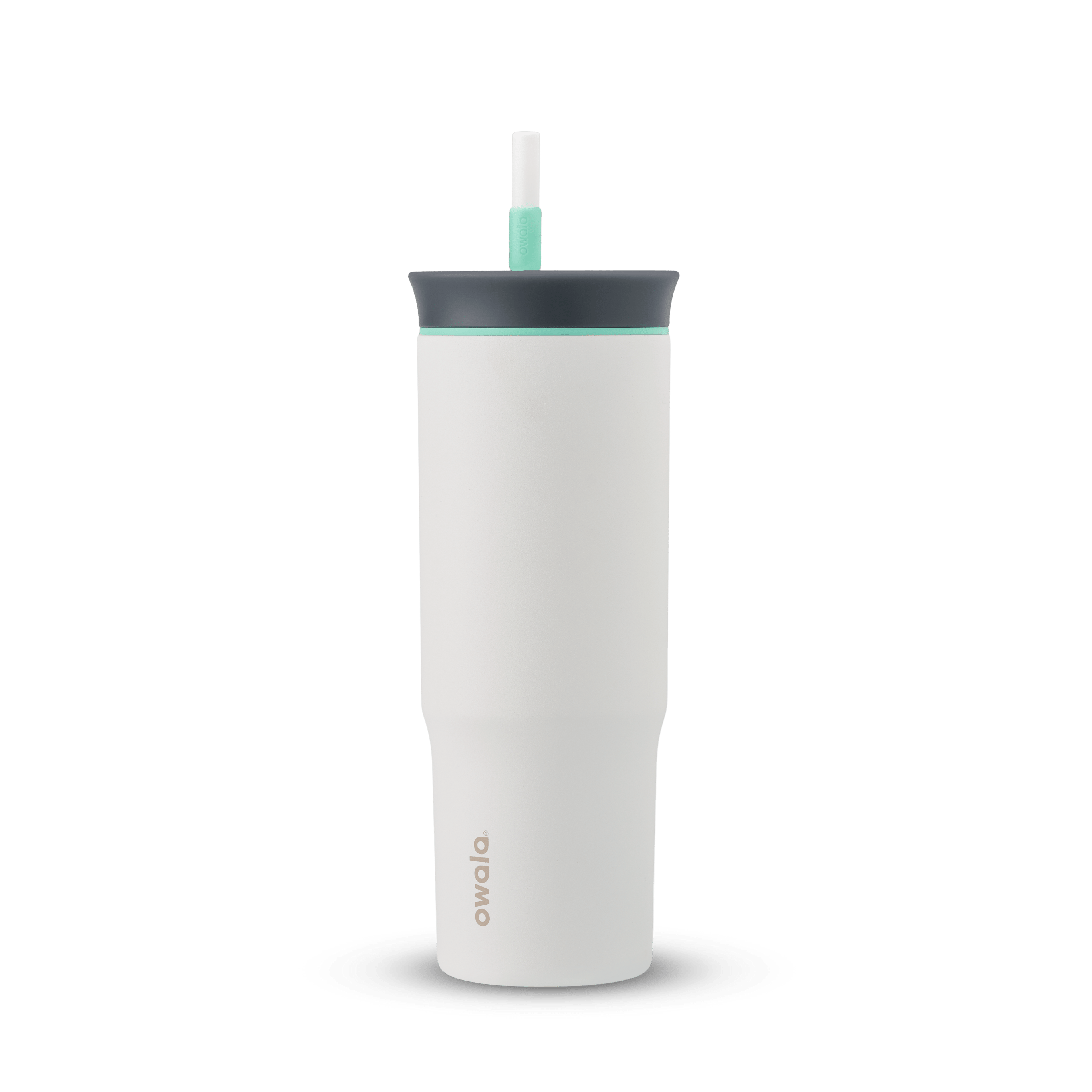 24oz Tumbler in Cloudscape; matte off-white insulated tumbler with dark slate-gray lid, mint green accent ring, and white straw with mint green grip, Owala wordmark on front