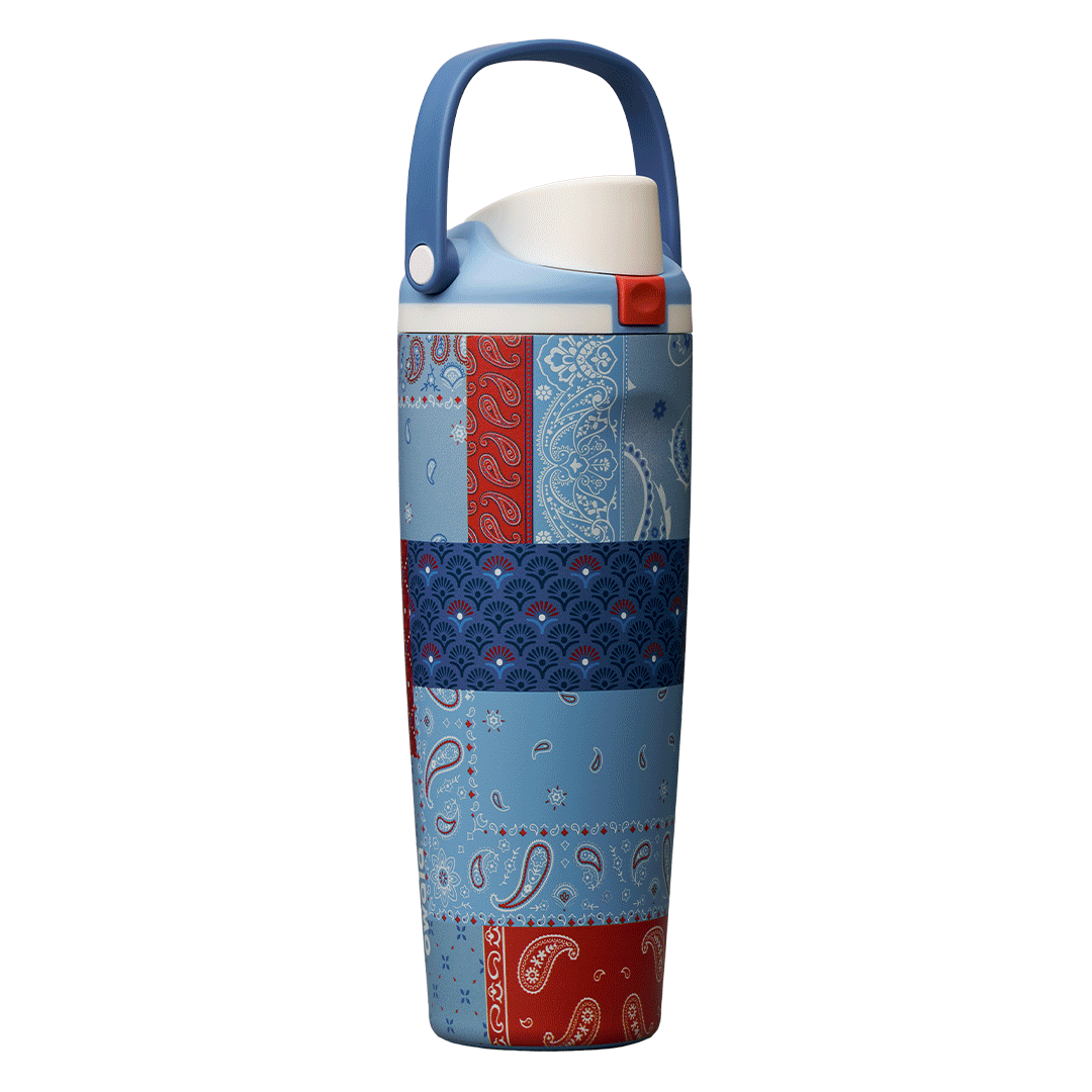 Rotating view of Common Threads Bottle Boot, patchwork quilted design in blue, red, and white bandana-style panels with a blue carry loop