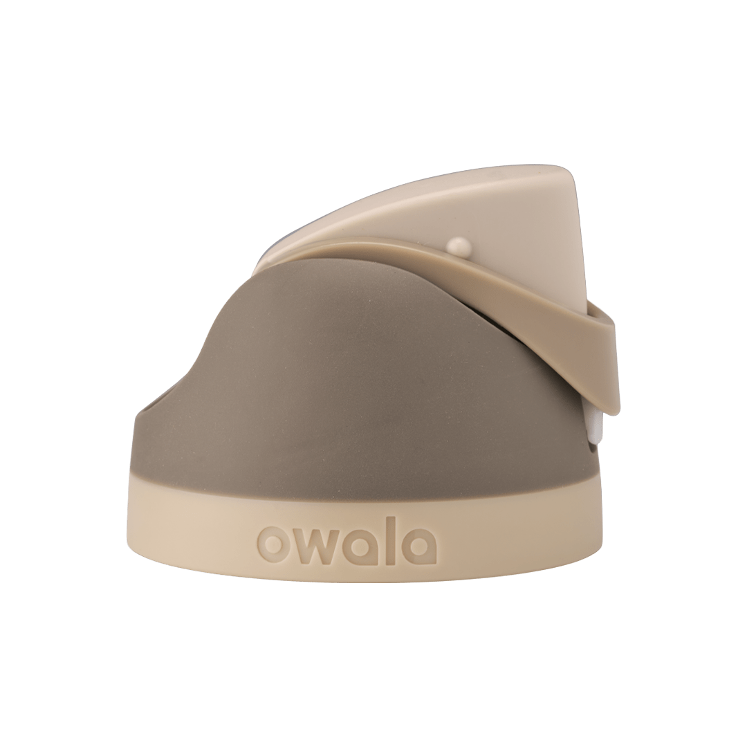 Owala FreeSip replacement lid in Down to Earth, dark olive brown body with matching tan beige flip cap and carry loop and tan beige base accent band