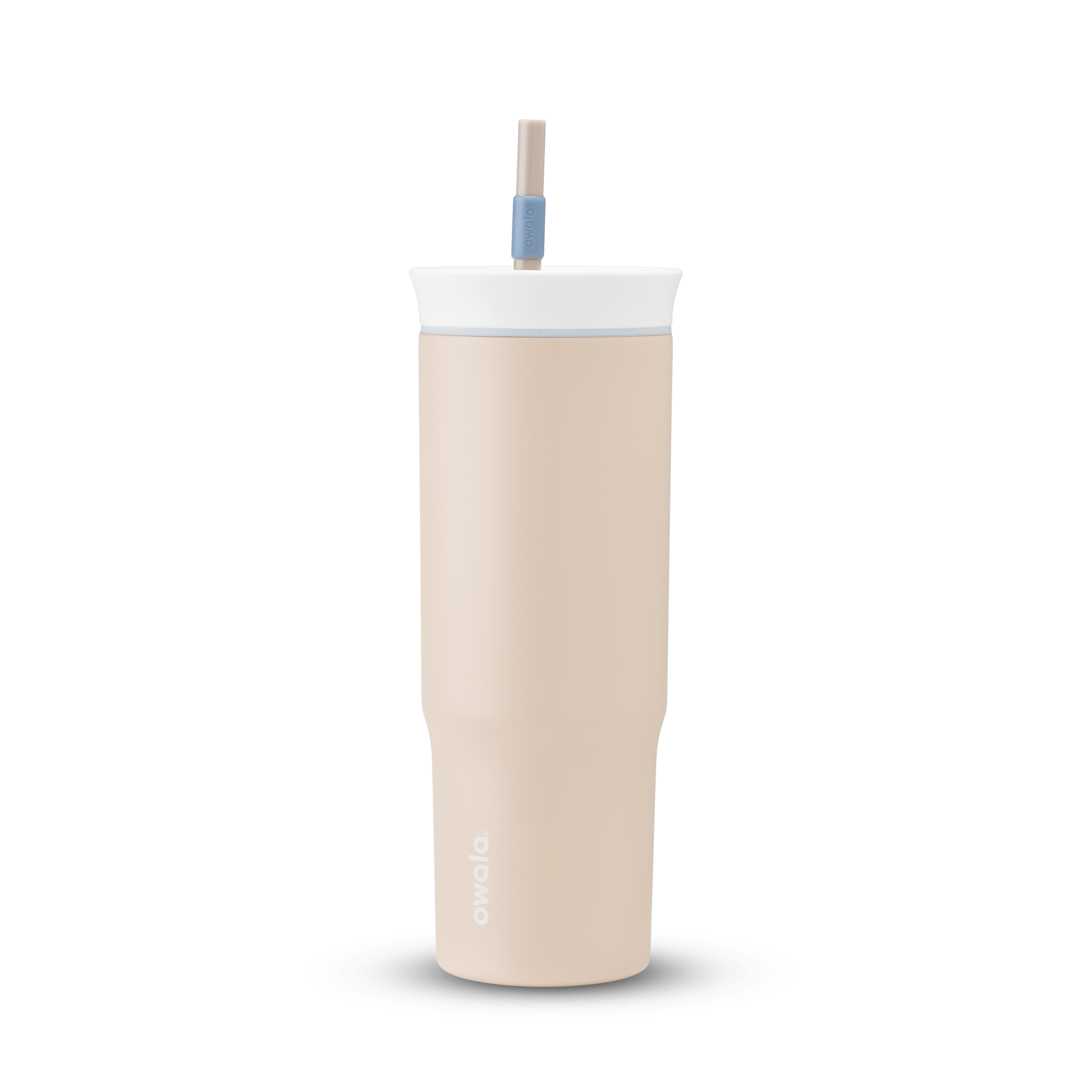 24oz Tumbler in Dune Drifter; matte sand-beige insulated tumbler with white lid, light gray accent ring, and tan straw with dusty blue grip, Owala wordmark on front