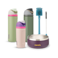 Family Bundle with accessories; two tall FreeSip water bottles in green and pink-mauve, a Kids Tumbler in pink-mauve with teal lid, a purple Pet Bowl with stainless rim, and a blue bottle brush