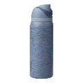 FreeSip 24oz Feeling Swell; rotating view of slate blue body with flowing wave line pattern in lighter blue tones, light blue flip cap, slate blue carry loop, and light blue lid