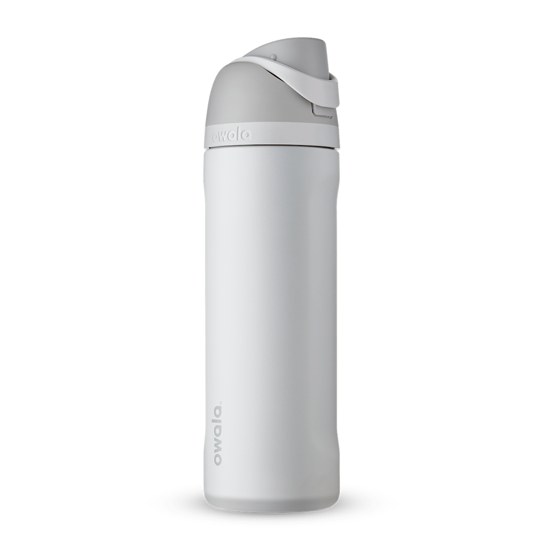 FreeSip 24oz water bottle, soft off-white body with light gray flip cap and carry loop