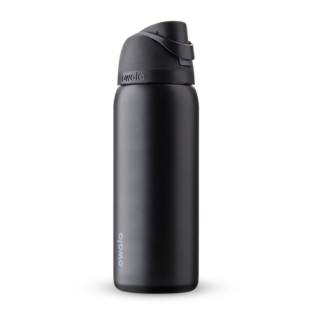 FreeSip 32oz water bottle, matte near-black body with matching dark flip cap and carry loop