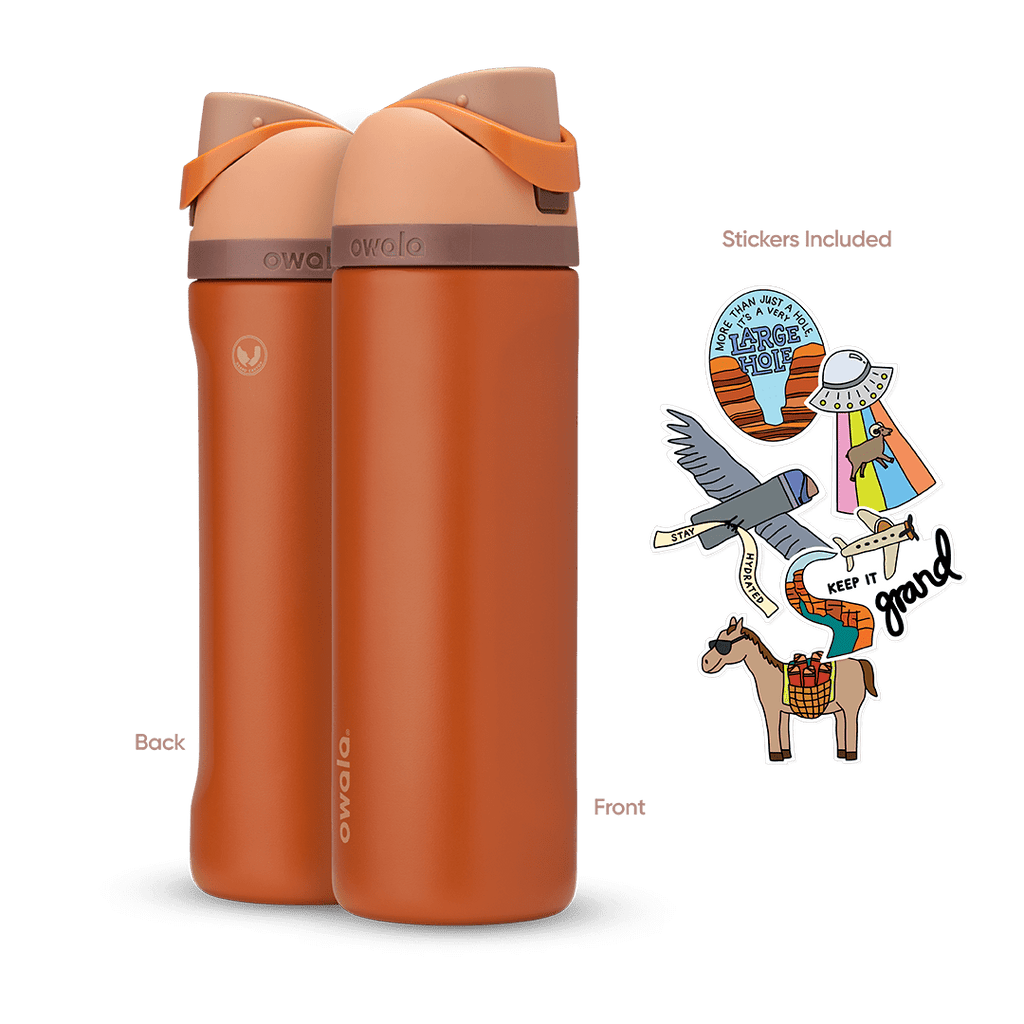 Great American Road Trip FreeSip 24oz in Grand Canyon, warm terracotta-orange body with peach flip cap, mauve carry loop, and brown lid accent band; back and front views shown with included national park-themed stickers featuring an eagle, horse, UFO, and "Keep It Grand" rainbow