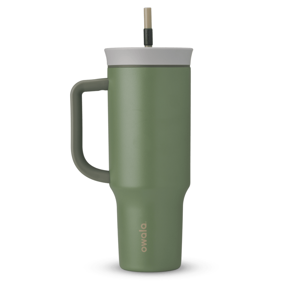 40oz Tumbler in Green House, deep olive green insulated tumbler with darker olive handle, pale grey lid, and tan straw