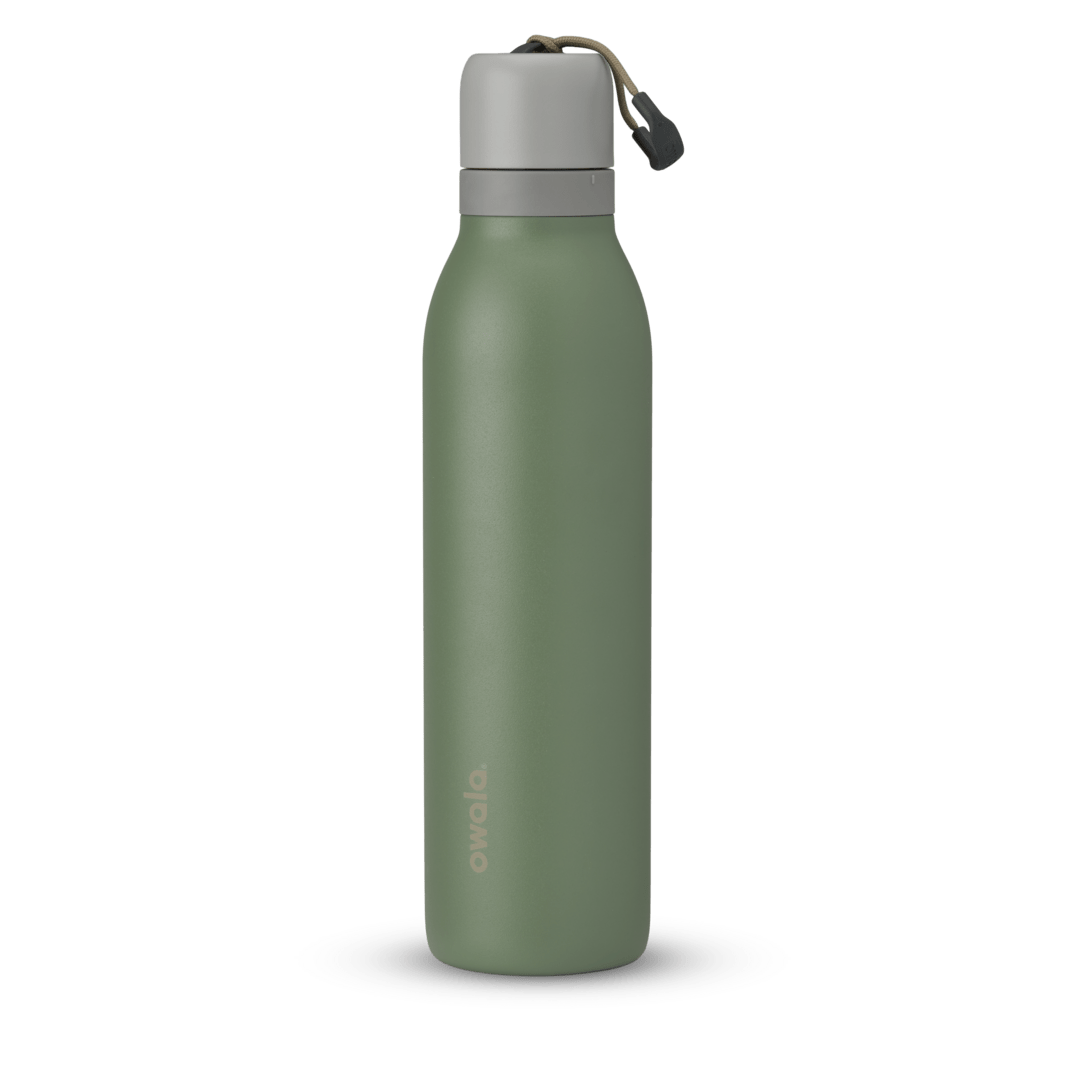 FreeSip Twist UK, olive green insulated water bottle with gray twist cap and silicone carry loop