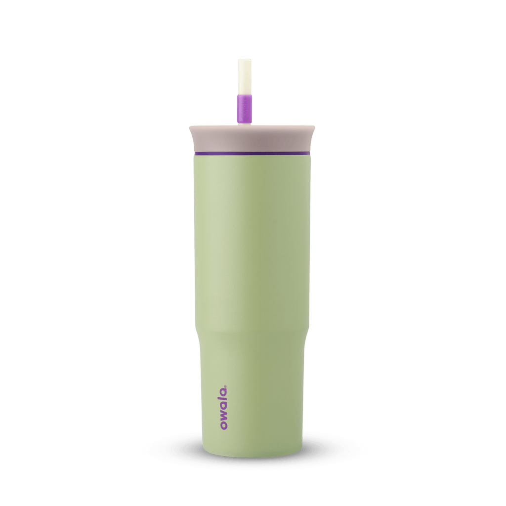 24oz Tumbler in Hip Cactus; matte sage green insulated tumbler with light mauve lid, purple accent ring, and cream straw with purple grip, purple Owala wordmark on front