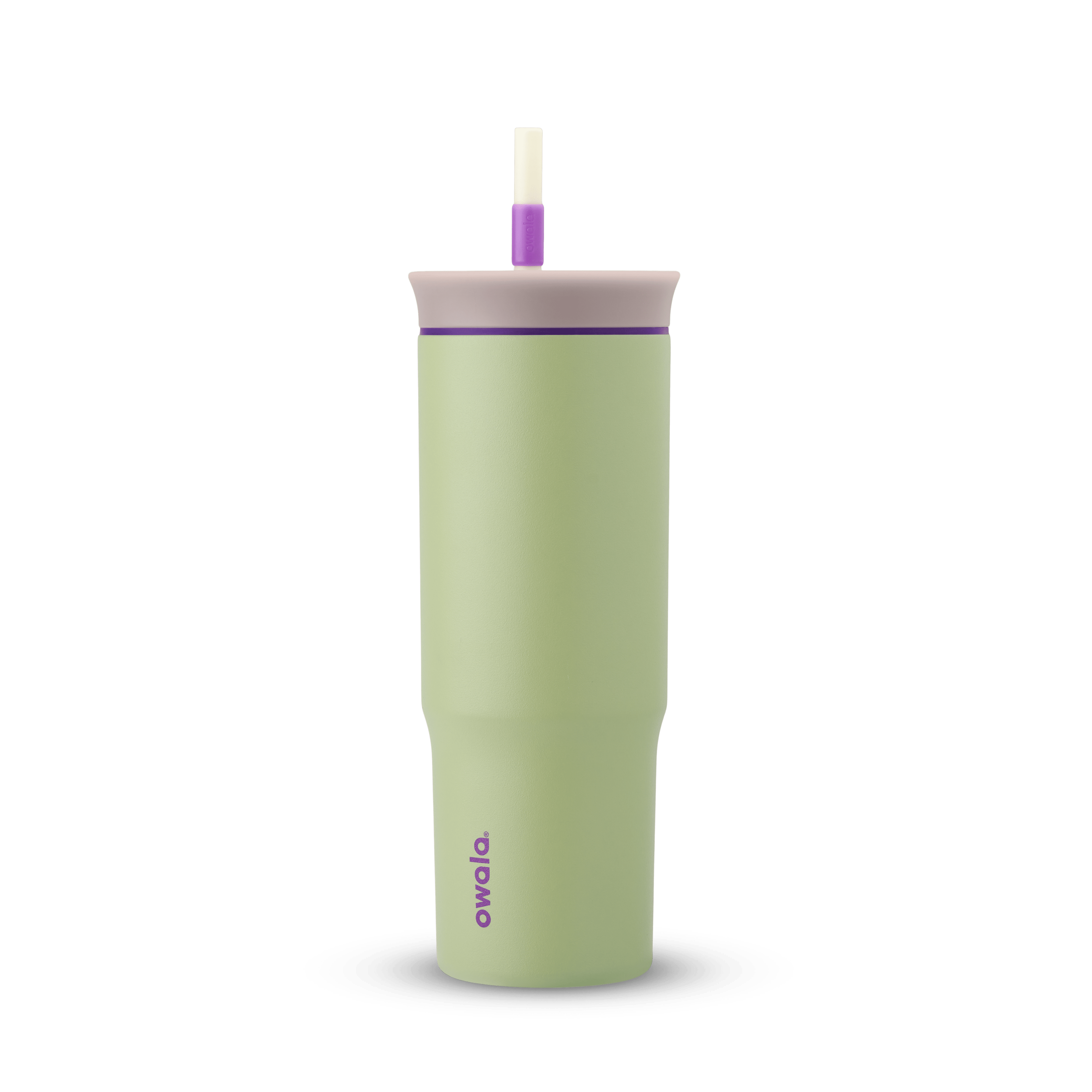 24oz Tumbler in Hip Cactus; matte sage green insulated tumbler with light mauve lid, purple accent ring, and cream straw with purple grip, purple Owala wordmark on front