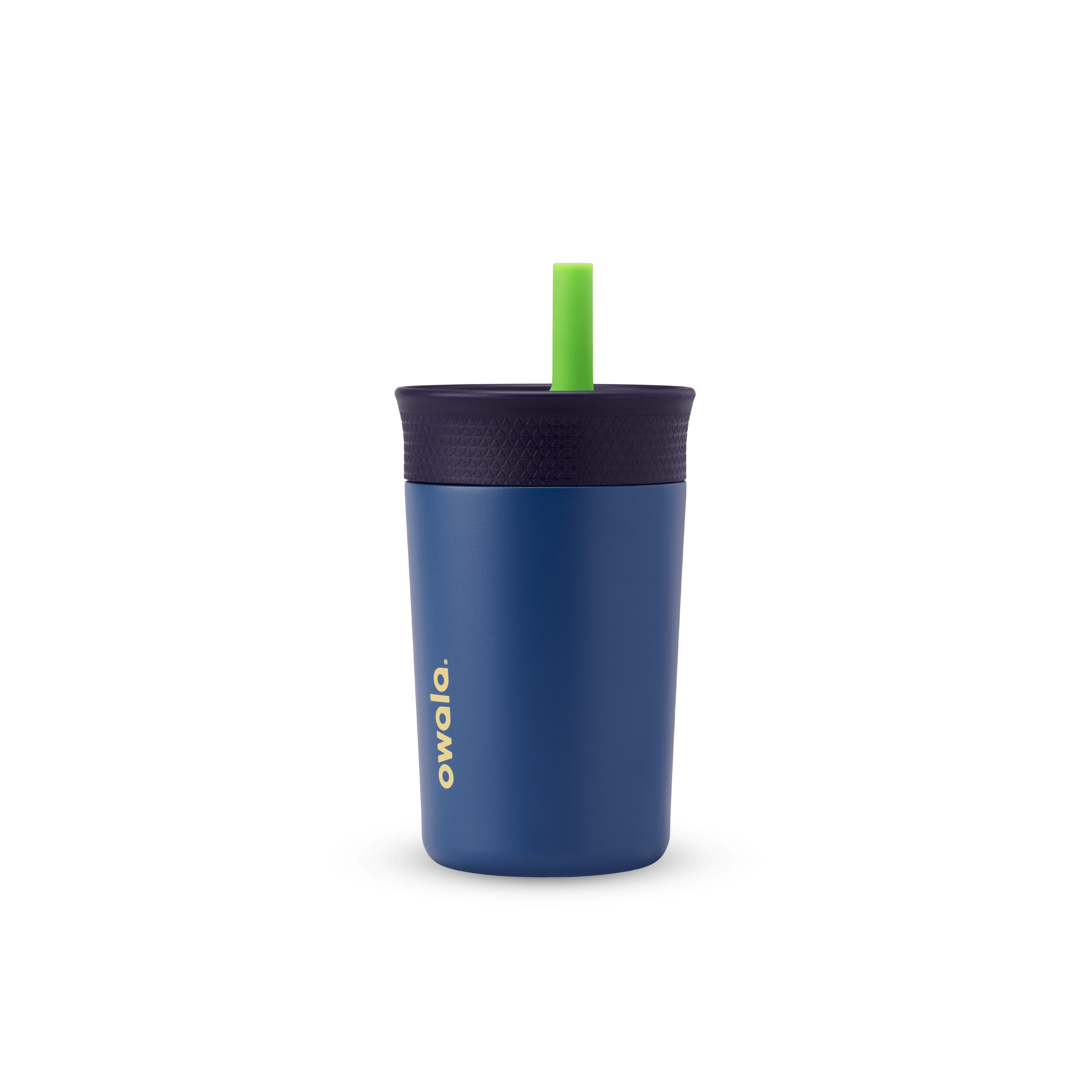 Kids' Tumbler 12oz in Home Base; navy blue insulated tumbler with dark navy lid and bright green straw, yellow Owala logo on front
