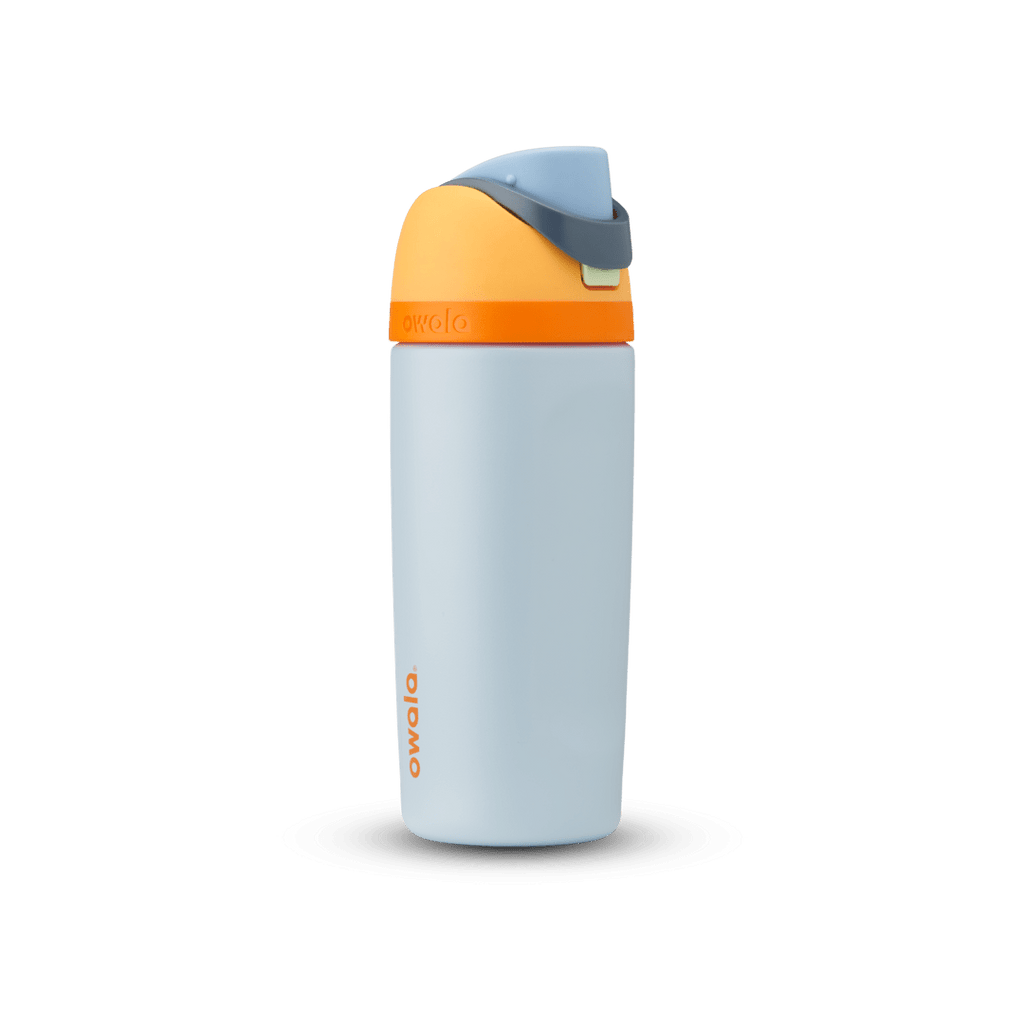 Kids' FreeSip 14oz water bottle, pale blue body with orange flip cap and gray flip cap