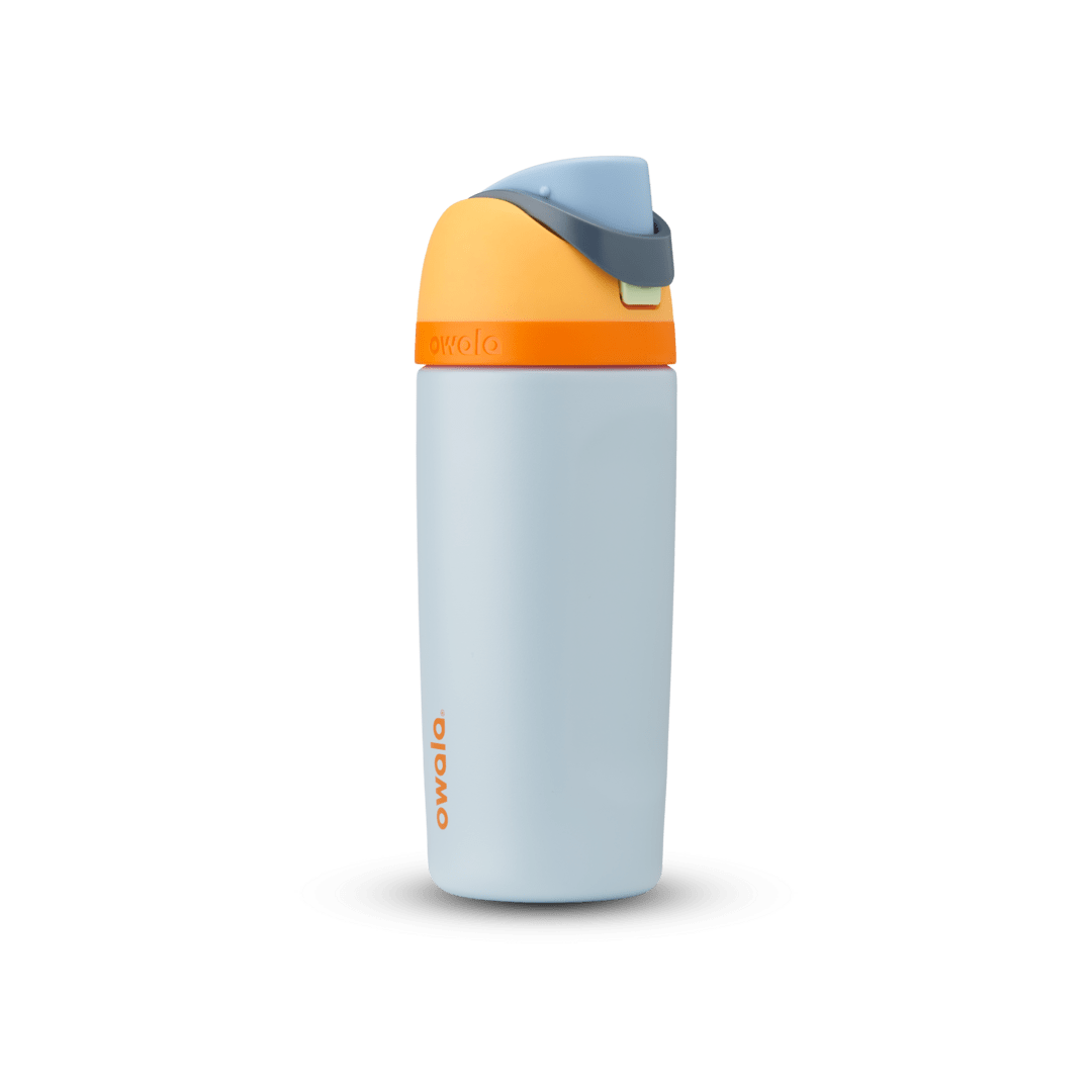 Kids' FreeSip 14oz water bottle, pale blue body with orange flip cap and gray flip cap
