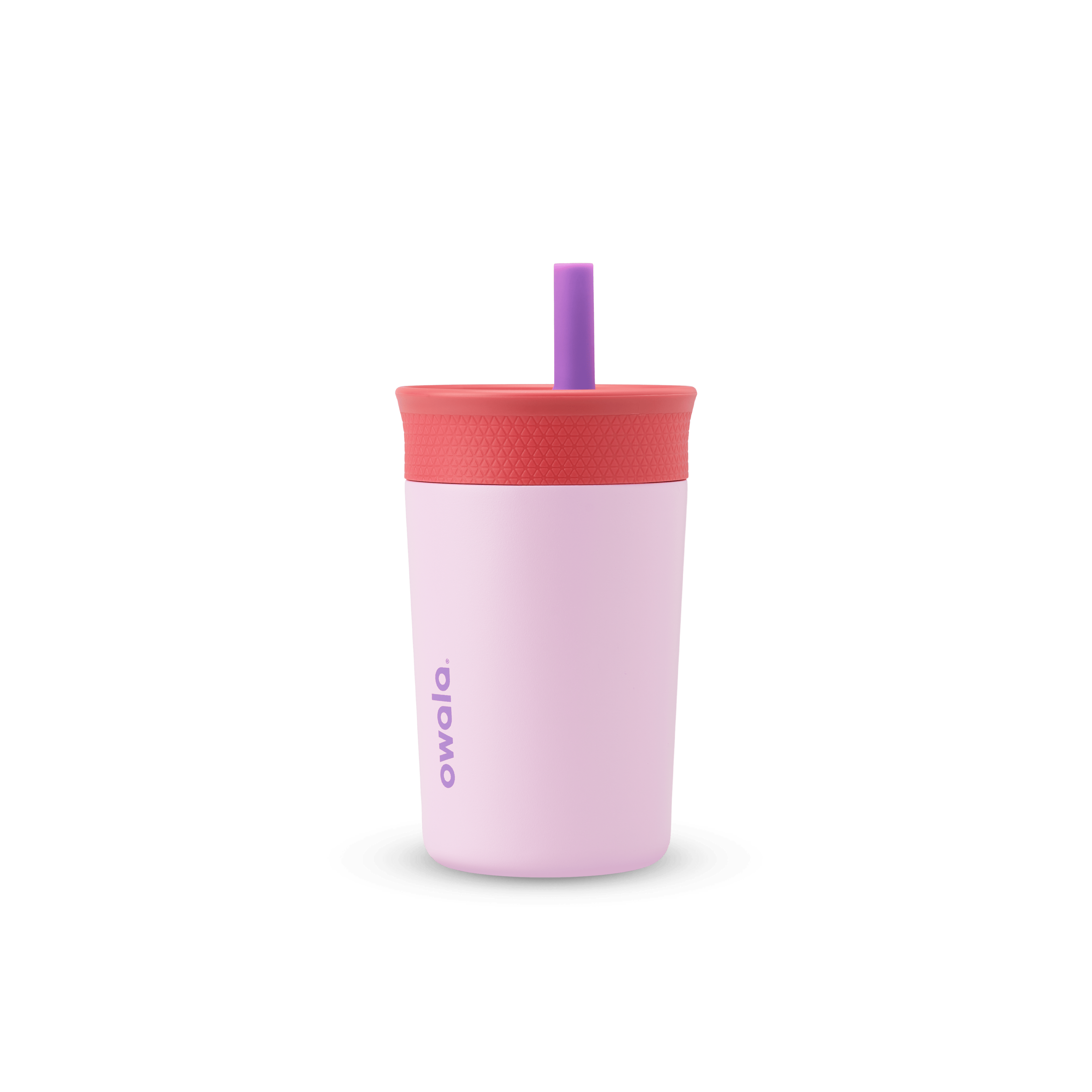 Kids' Tumbler 12oz in Lilac Rocket; soft pink insulated tumbler with coral red lid and purple straw, purple Owala logo on front