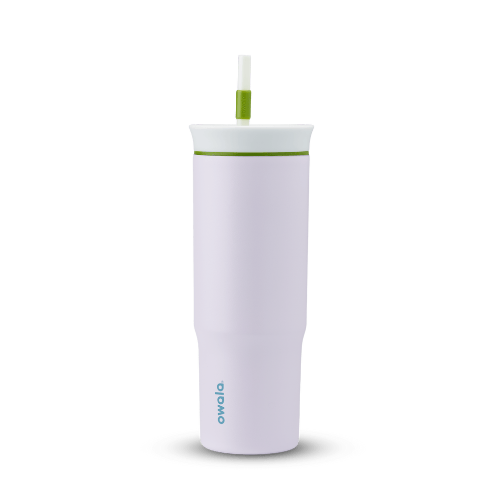 24oz Tumbler in Lost in Space; matte light lavender insulated tumbler with white lid, olive green accent ring, and white straw with green grip, Owala wordmark on front