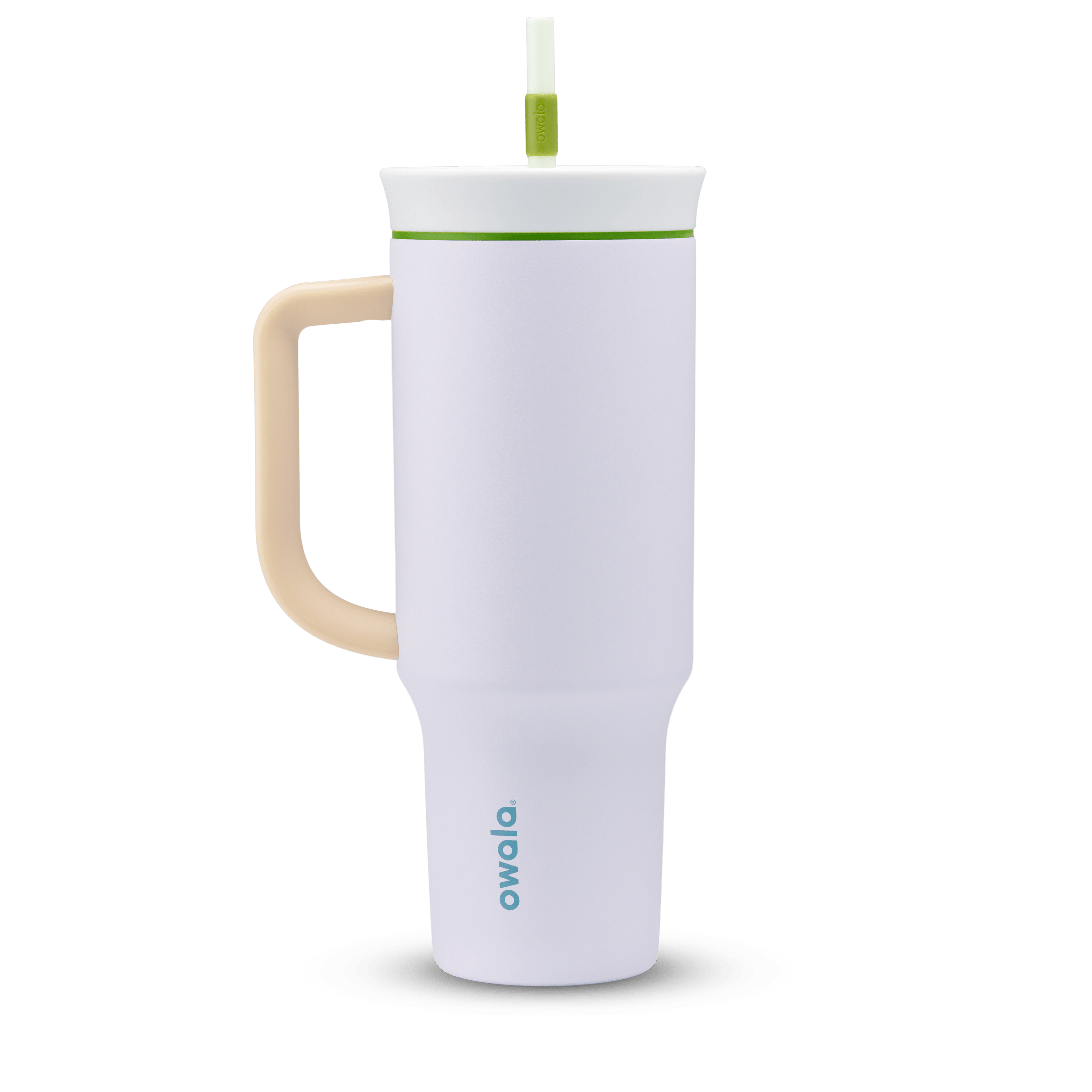 40oz Tumbler in Lost in Space, pale lavender insulated tumbler with cream handle, white lid with green accent ring, and white straw with green grip