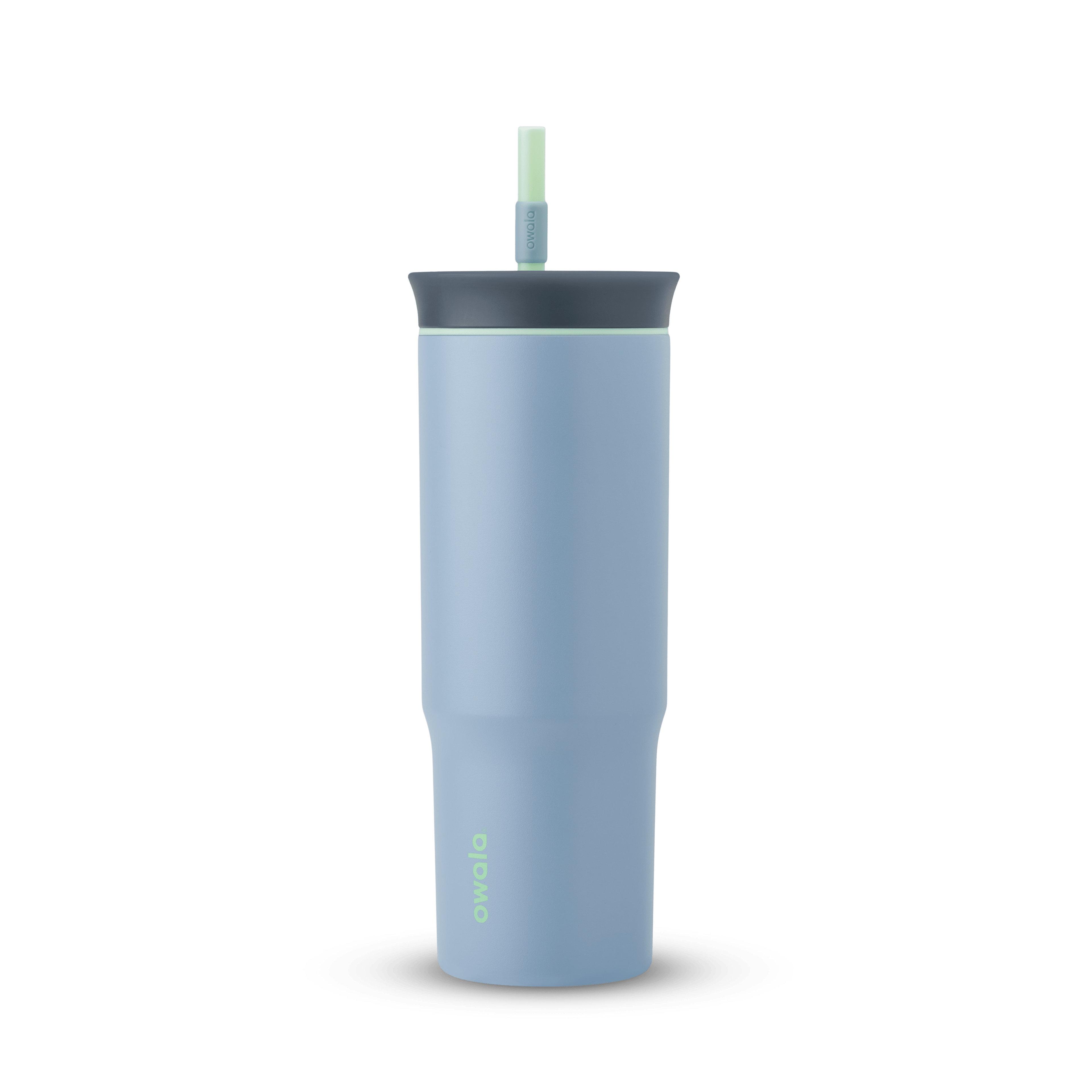 24oz Tumbler in Lost Valley; matte denim-blue insulated tumbler with dark slate-gray lid, mint green accent ring, and matching mint green straw, Owala wordmark on front