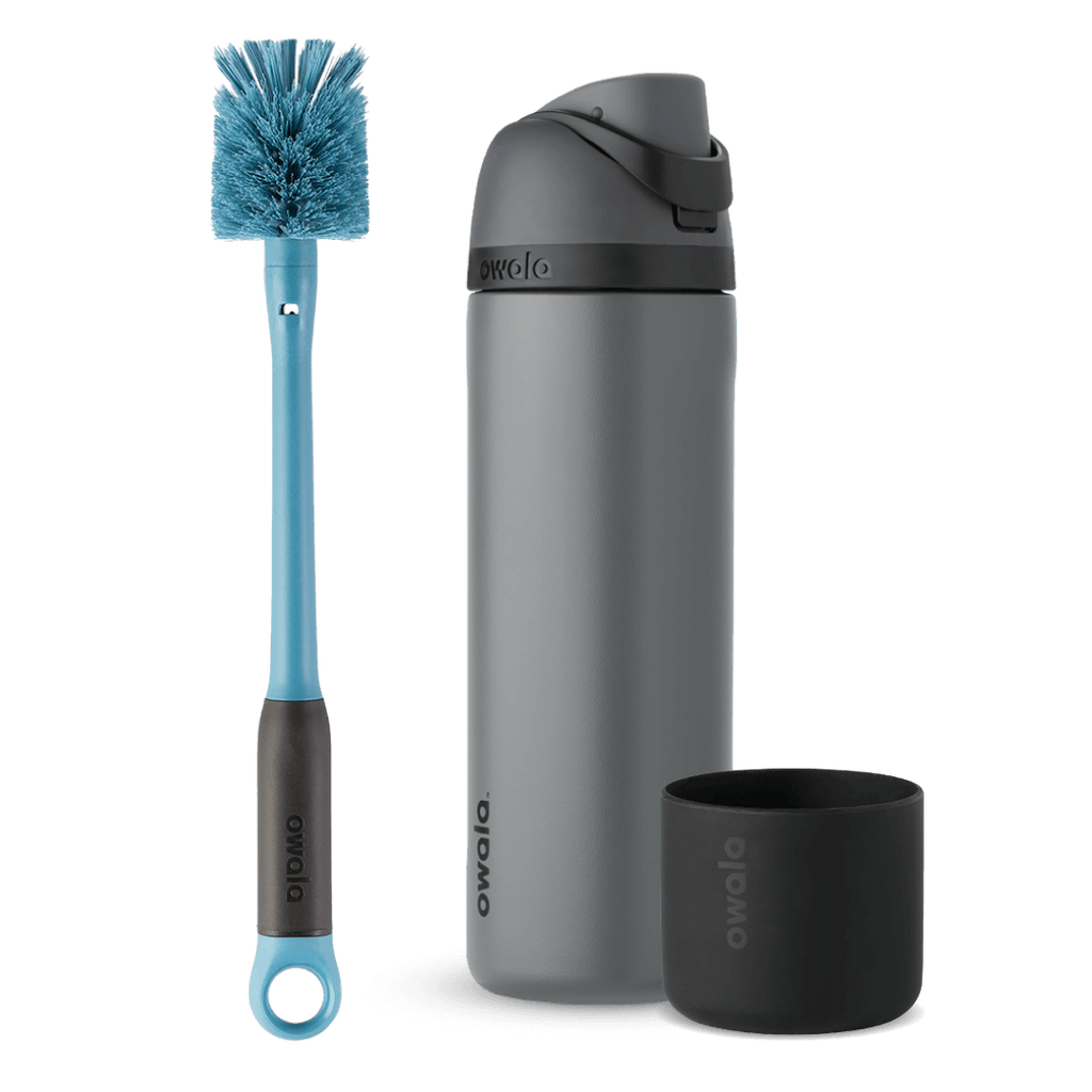 Starter Pack Bundle; gray FreeSip water bottle with gray flip cap, blue bottle brush with loop ring, and black silicone Bottle Boot
