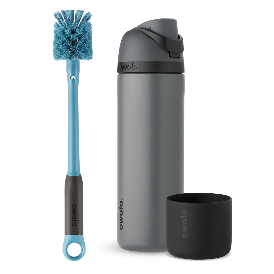 Starter Pack Bundle; gray FreeSip water bottle with gray flip cap, blue bottle brush with loop ring, and black silicone Bottle Boot