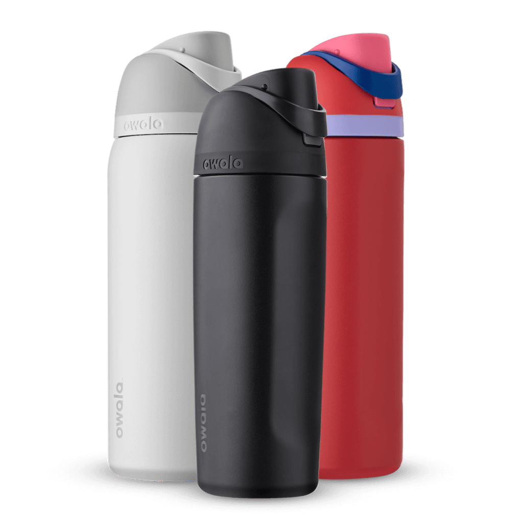 FreeSip Bundle; group of three FreeSip insulated water bottles in white, black, and red with lavender carry loop and navy accent band