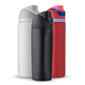 FreeSip Bundle; group of three FreeSip insulated water bottles in white, black, and red with lavender carry loop and navy accent band