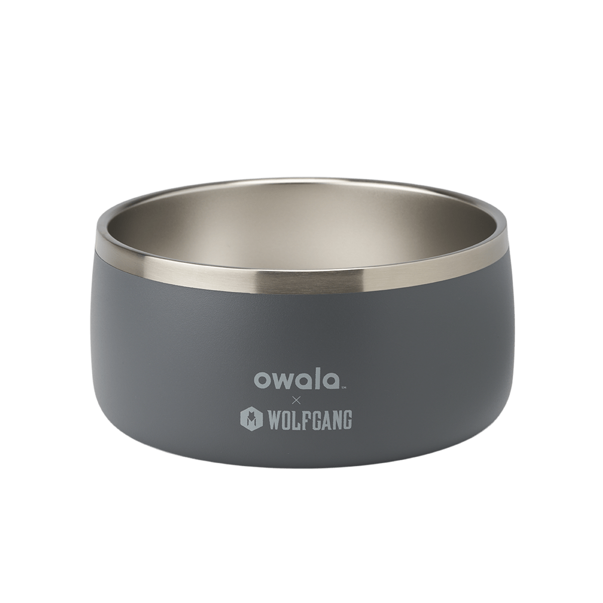 Pet Bowl 6-cup; matte slate gray exterior with stainless steel interior rim and Owala x Wolfgang logo on front