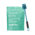 Bottle Cleaning Bundle; teal EcoBrite Natural Bottle Cleaning Tablets resealable packet beside a blue long-handled bottle brush with gray grip and loop ring
