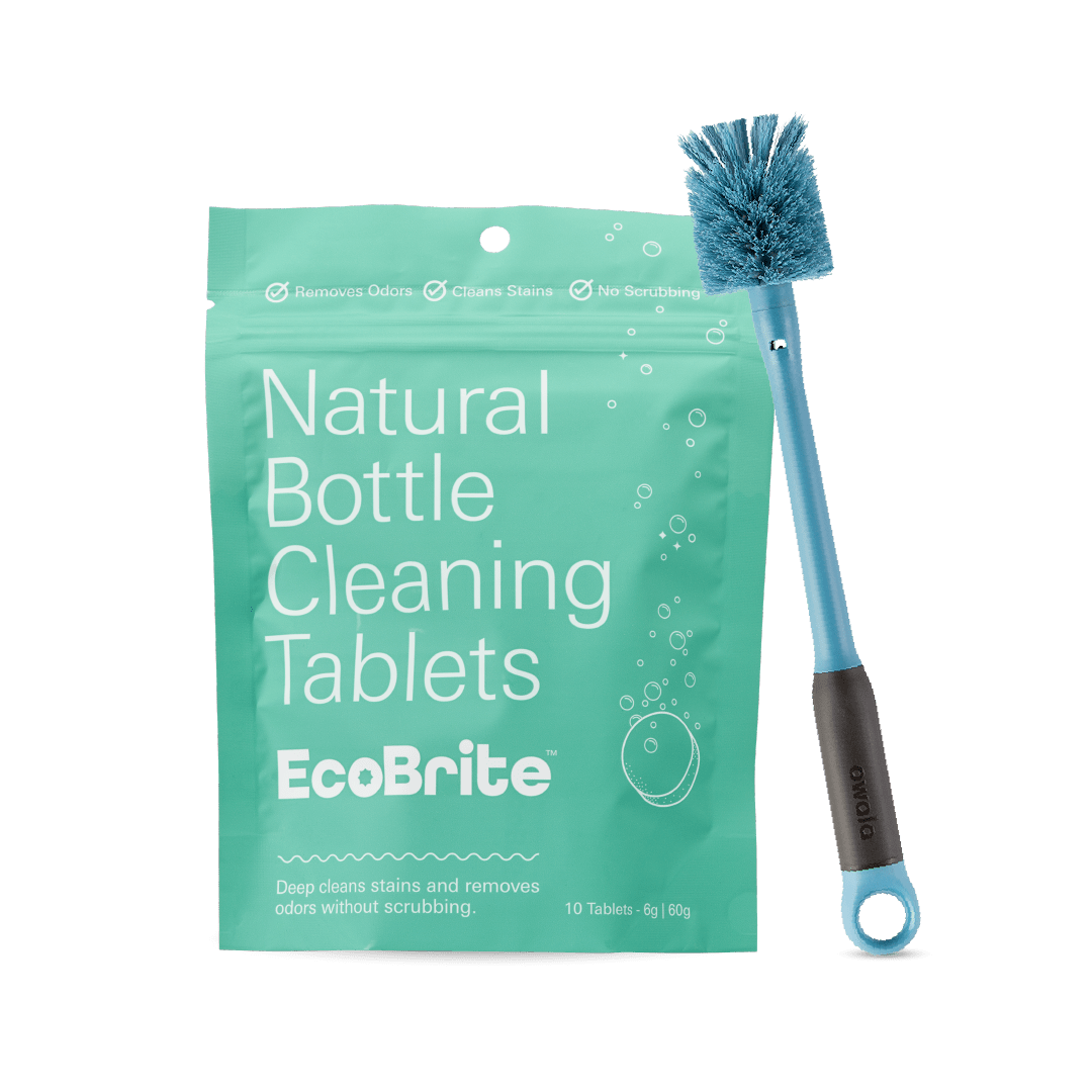 Bottle Cleaning Bundle; teal EcoBrite Natural Bottle Cleaning Tablets resealable packet beside a blue long-handled bottle brush with gray grip and loop ring