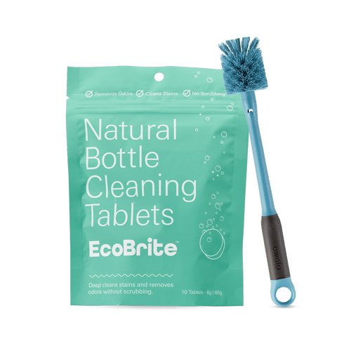 Bottle Cleaning Bundle; teal EcoBrite Natural Bottle Cleaning Tablets resealable packet beside a blue long-handled bottle brush with gray grip and loop ring