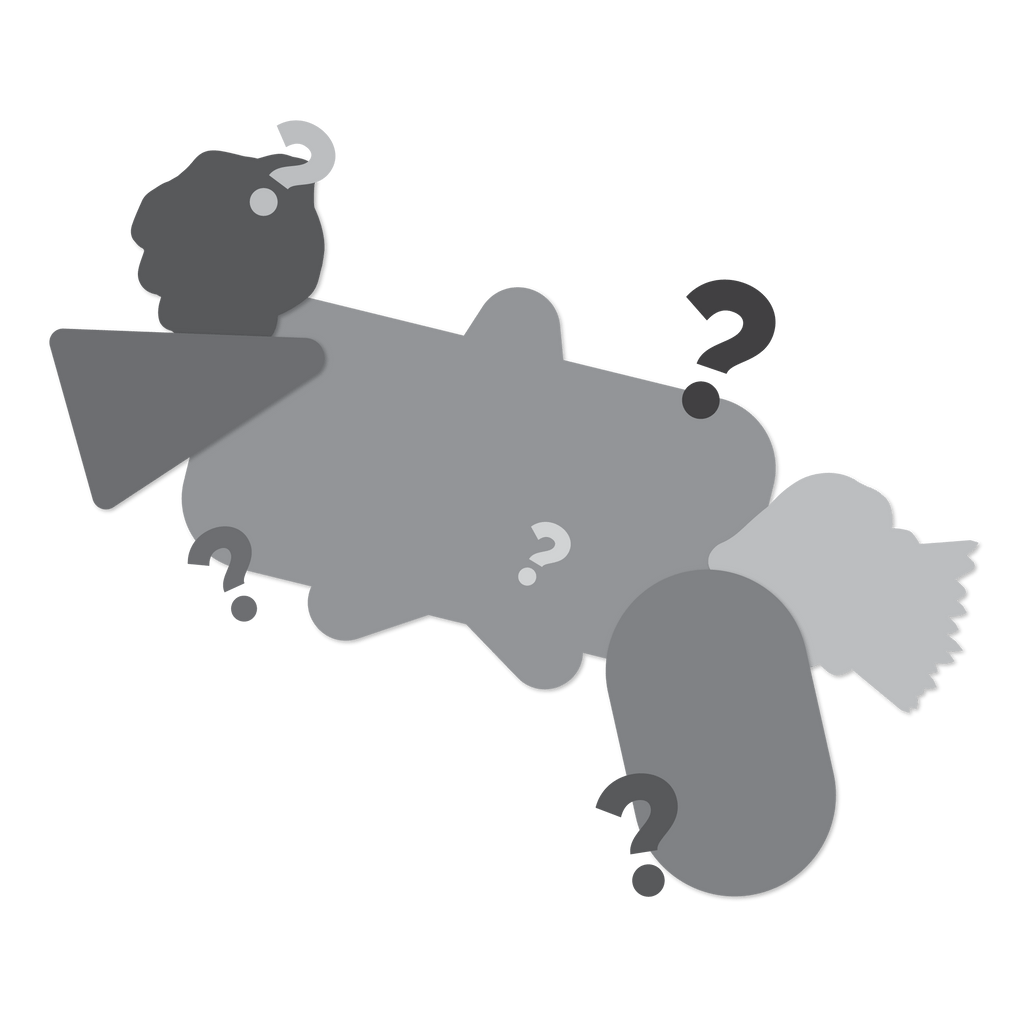 Mystery Sticker Pack illustration; gray silhouettes of various sticker shapes overlapped with question marks