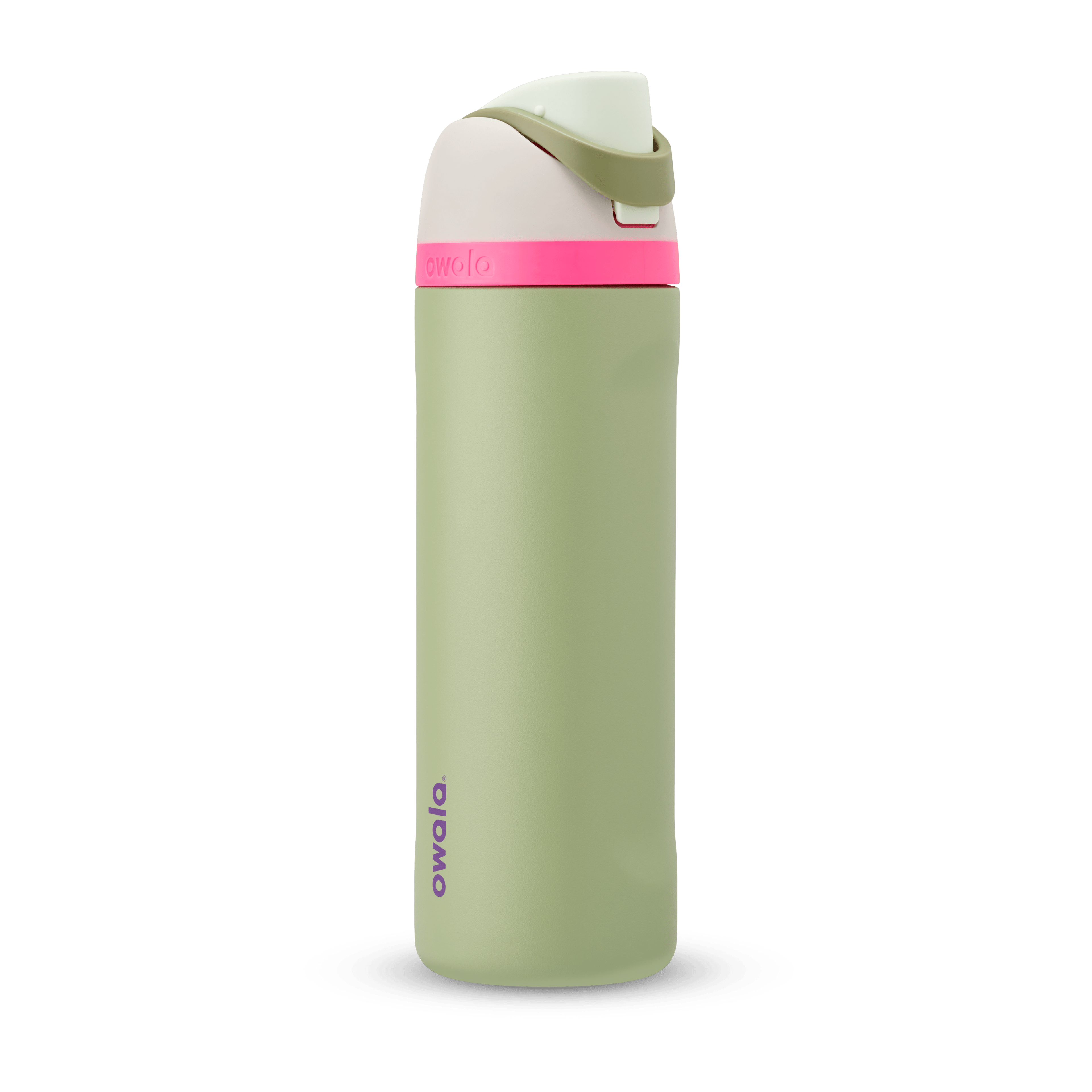 FreeSip 24oz in Neo Sage, sage green body with hot pink accent band, cream lid, sage green carry loop, and mint green flip cap