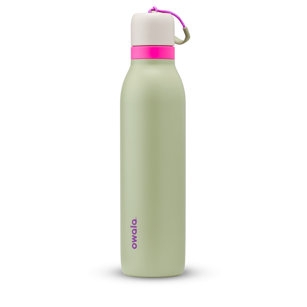 FreeSip Twist 24oz in Neo Sage, sage green insulated water bottle with cream twist cap, hot pink twist cap accent band, magenta carry string, and purple Owala logo