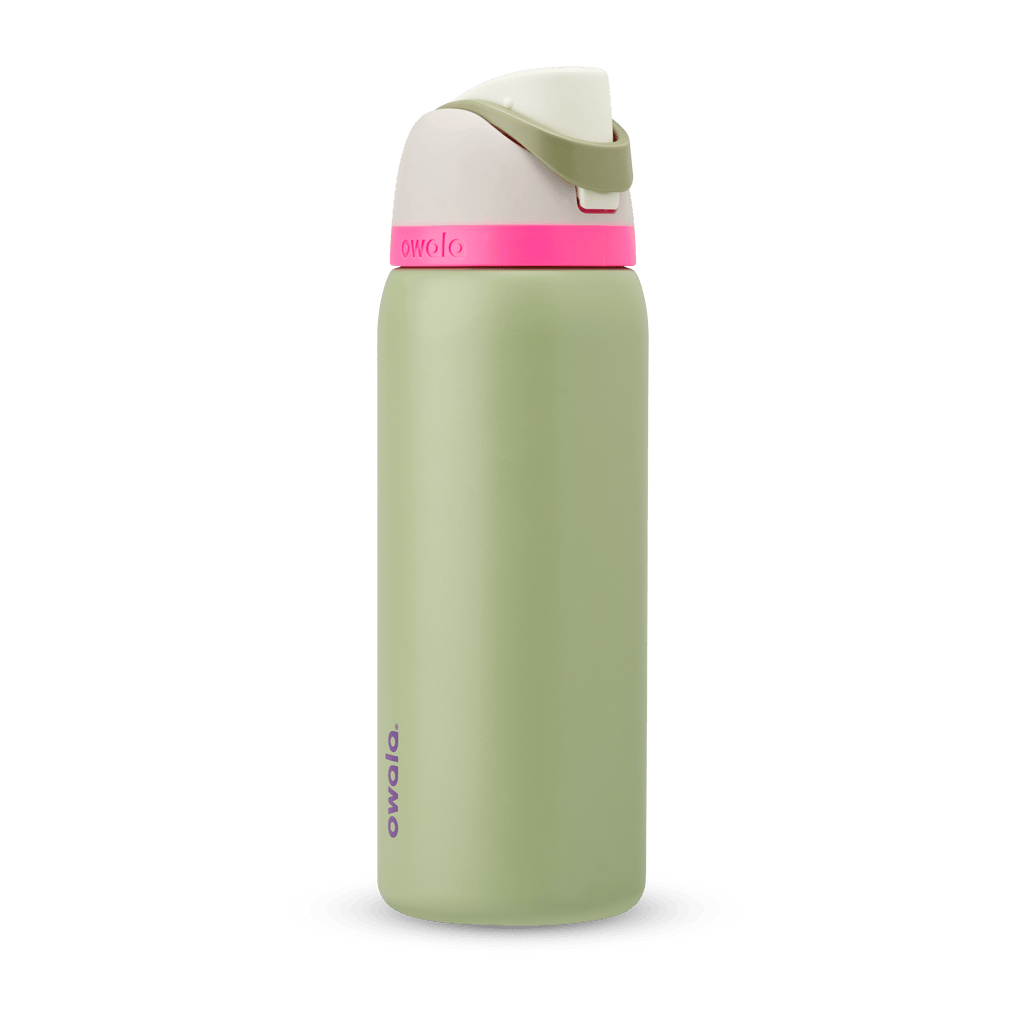 FreeSip 32oz in Neo Sage, sage green body with hot pink accent band, cream lid, sage green carry loop, and mint green flip cap