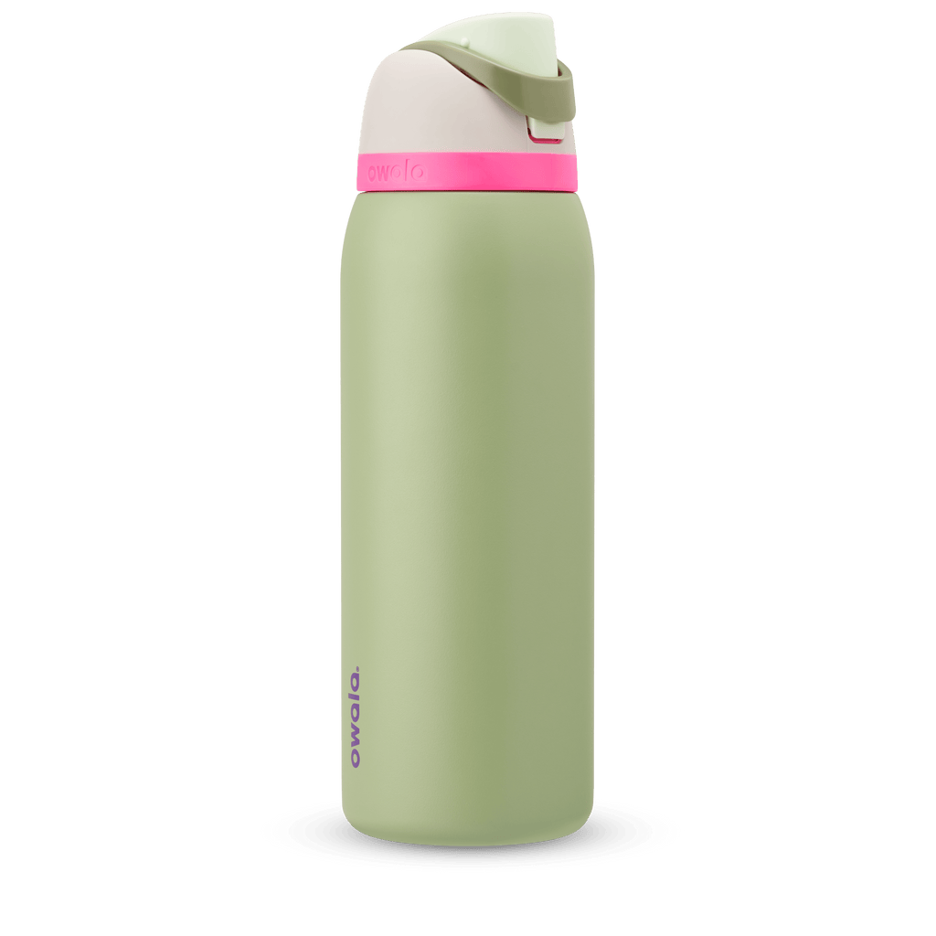 FreeSip 40oz in Neo Sage, sage green body with hot pink accent band, cream lid, sage green carry loop, and mint green flip cap
