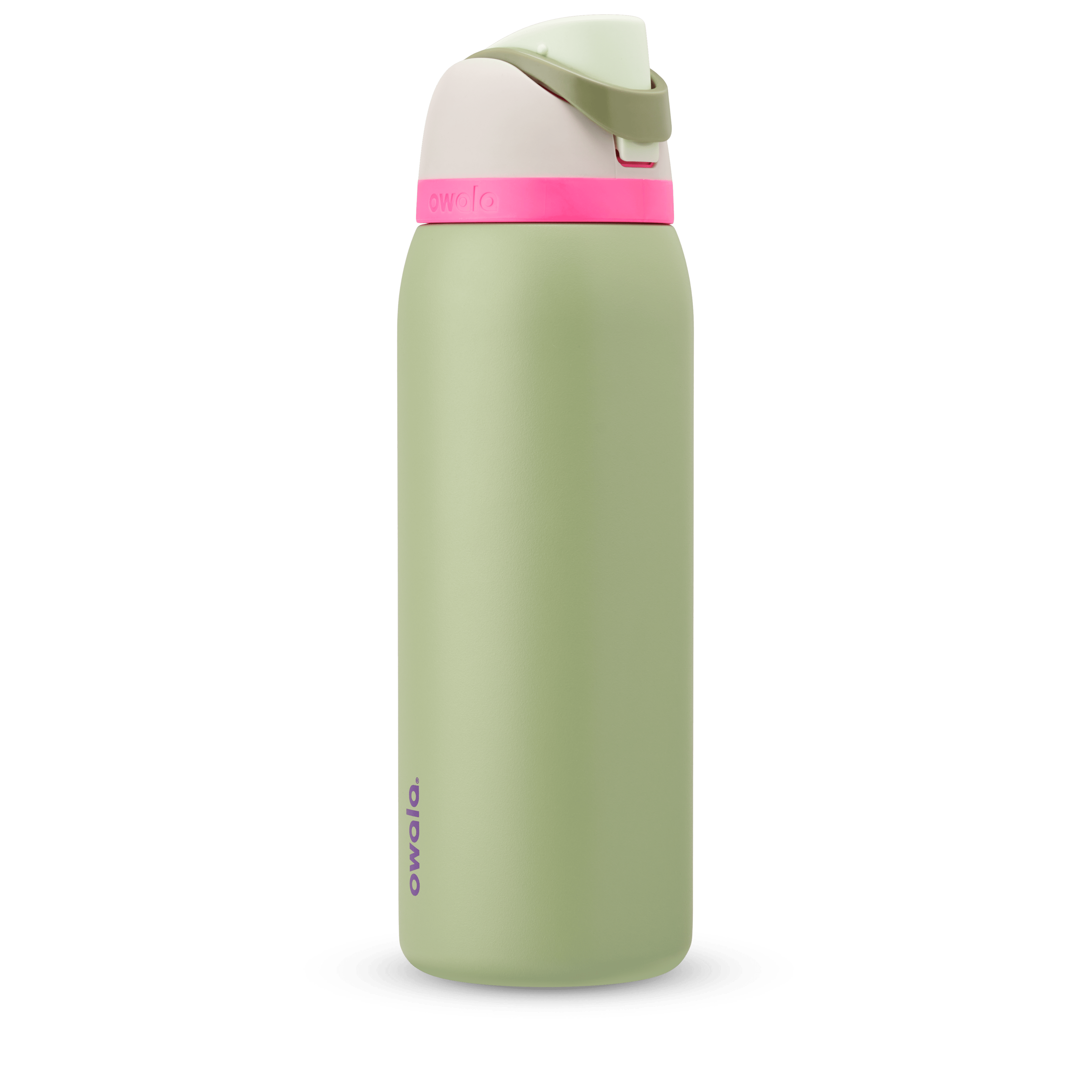 FreeSip 40oz in Neo Sage, sage green body with hot pink accent band, cream lid, sage green carry loop, and mint green flip cap