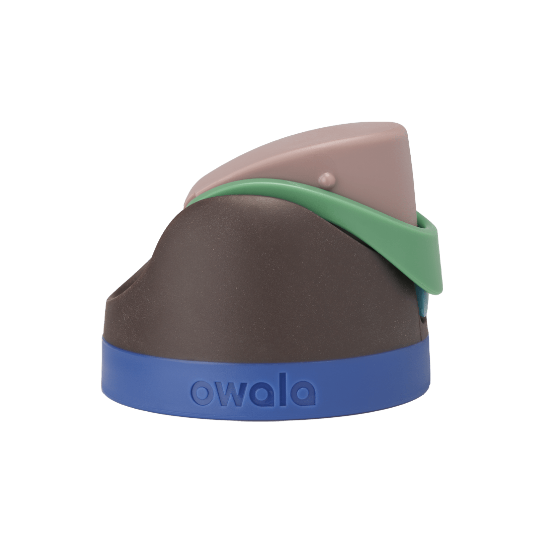 Owala FreeSip replacement lid in Night Safari, dark brown body with dusty mauve pink flip cap, sage green carry loop, and cobalt blue base accent band