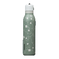 Owala RS: Clover Achiever FreeSip Twist 24oz bottle in sage green with subtle white four-leaf clover pattern; white twist-off lid; animated 360-degree spin view