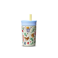 Kids' Tumbler Mother's Day Garden; cream white body with colorful garden print of flowers, strawberries, watering can, dog, squirrel, and bees, light blue lid, and yellow straw