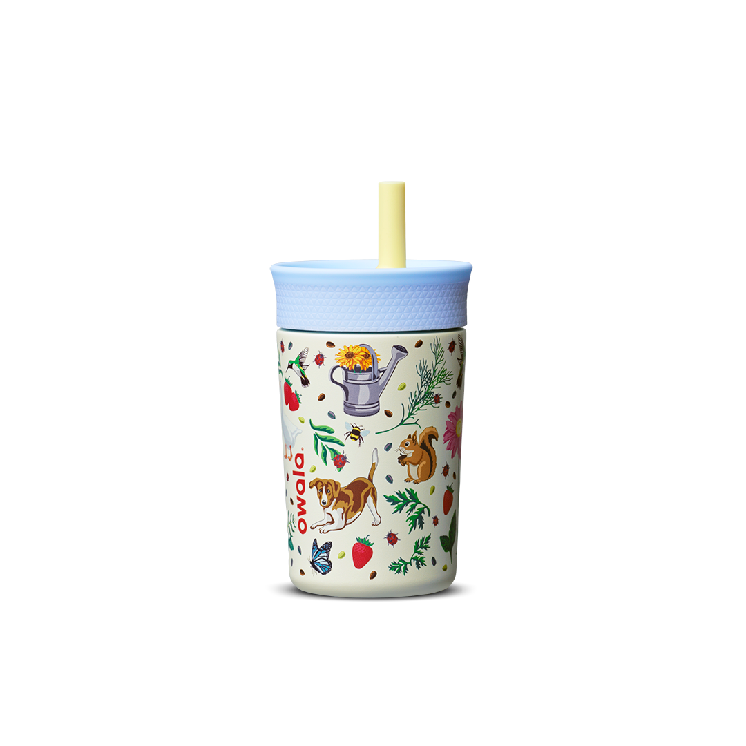 Kids' Tumbler Mother's Day Garden; cream white body with colorful garden print of flowers, strawberries, watering can, dog, squirrel, and bees, light blue lid, and yellow straw