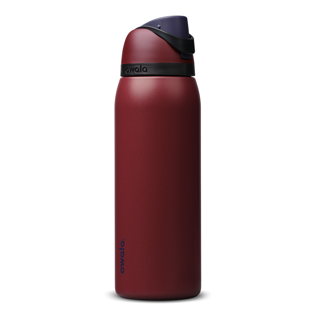 FreeSip 40oz in Burgundy Bay, deep burgundy red insulated bottle with dark navy flip cap and matching carry loop