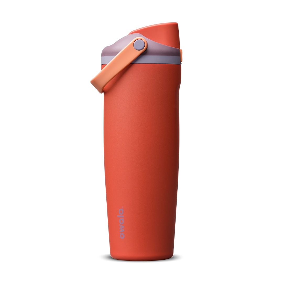 FreeSip Sway 30oz in Terracotta Sunset, terracotta orange-red insulated water bottle with matching terracotta flip cap and carry loop, lavender lid accent ring, lid open