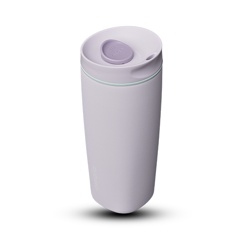 SmoothSip Slider 20oz in Open Air, a pale lavender-gray insulated tumbler with circular slider button slide lid