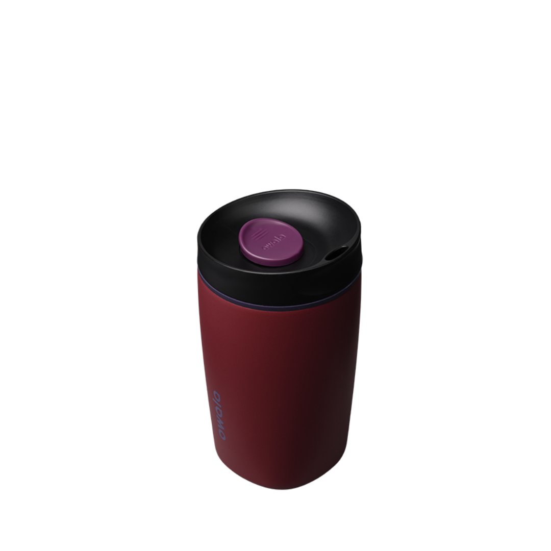 SmoothSip Slider 12oz, deep burgundy red body with black lid and purple slider button
