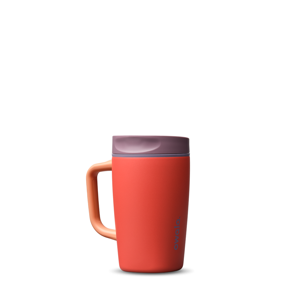 SmoothSip Slider with Handle 12oz in Terracotta Sunset, warm coral-orange body with dusty mauve slider lid and peach handle