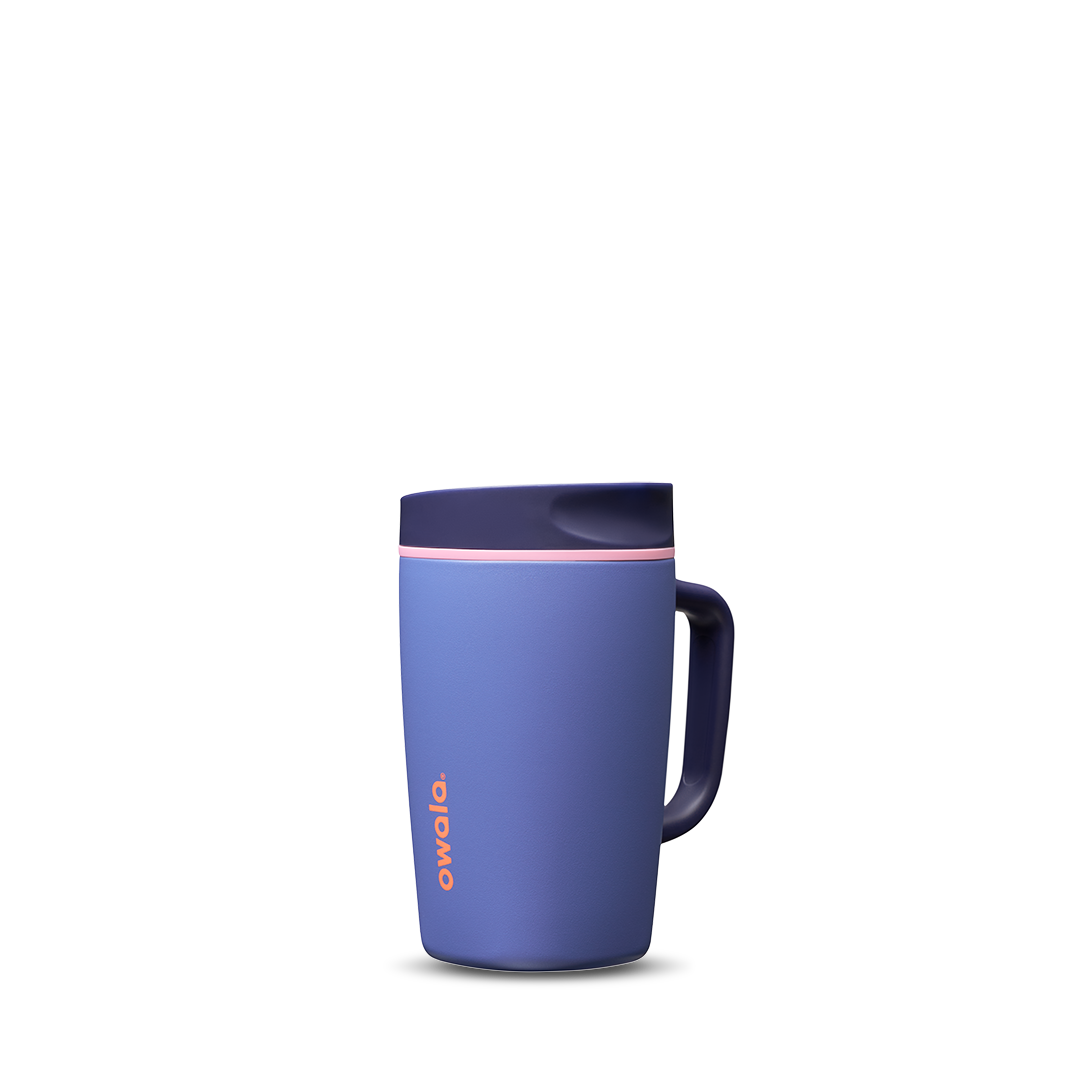 SmoothSip Slider with Handle 12oz in Blue Jay, periwinkle blue body with navy slider lid, navy handle, and coral slider button